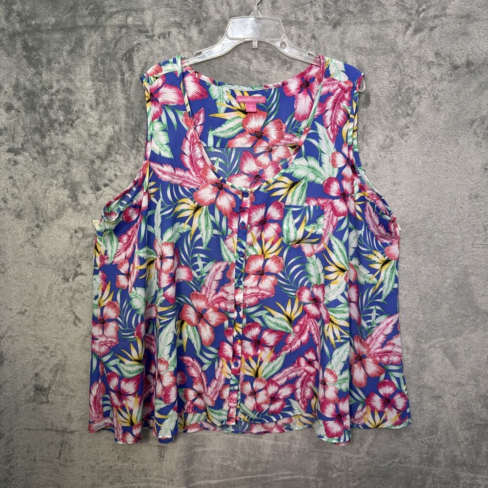 Woman Within 2x top tunic sleeveless pink blue floral tropical scoop neck